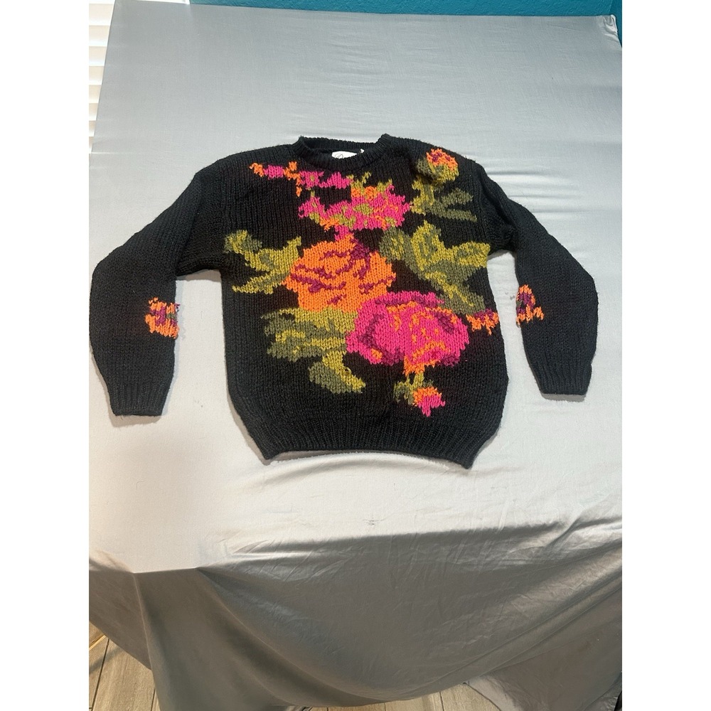 VTG 80s Donagain Black/Orange/Pink Floral Sweater M Cottage‎